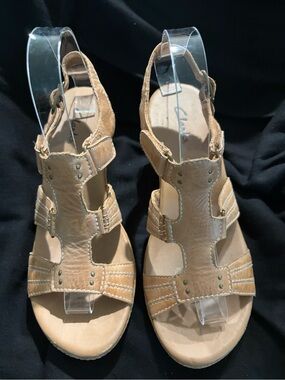 Clarks Tan Leather Cutout Slingback Sandals